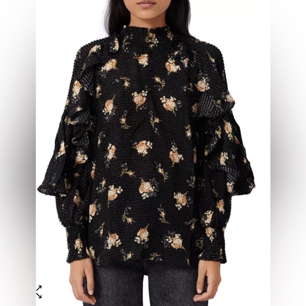 Maje Letril Floral Print Ruffled Top, Size 0